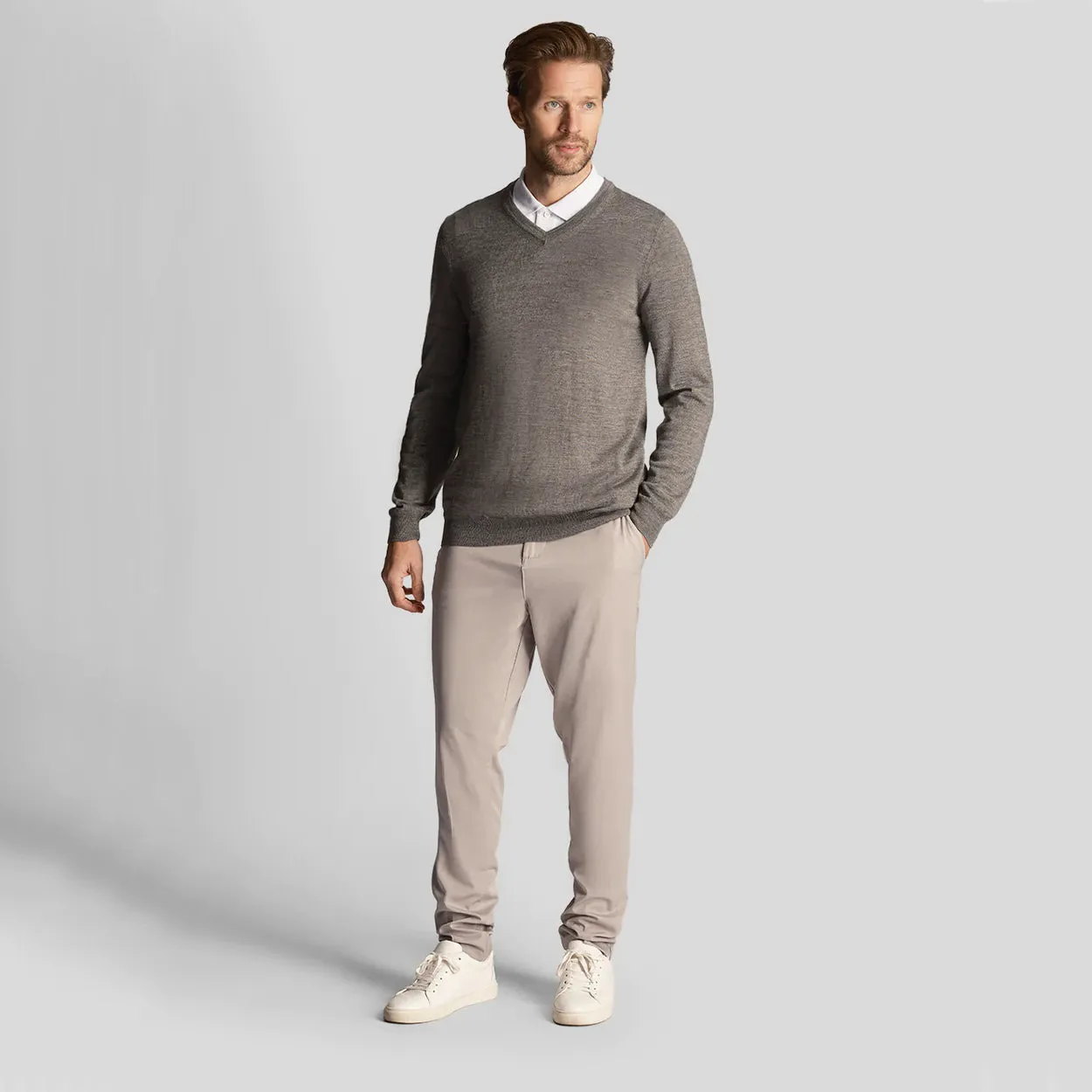 Lyle & Scott Tonal Eagle Merino BlendV Neck Knit - Mid Grey Marl