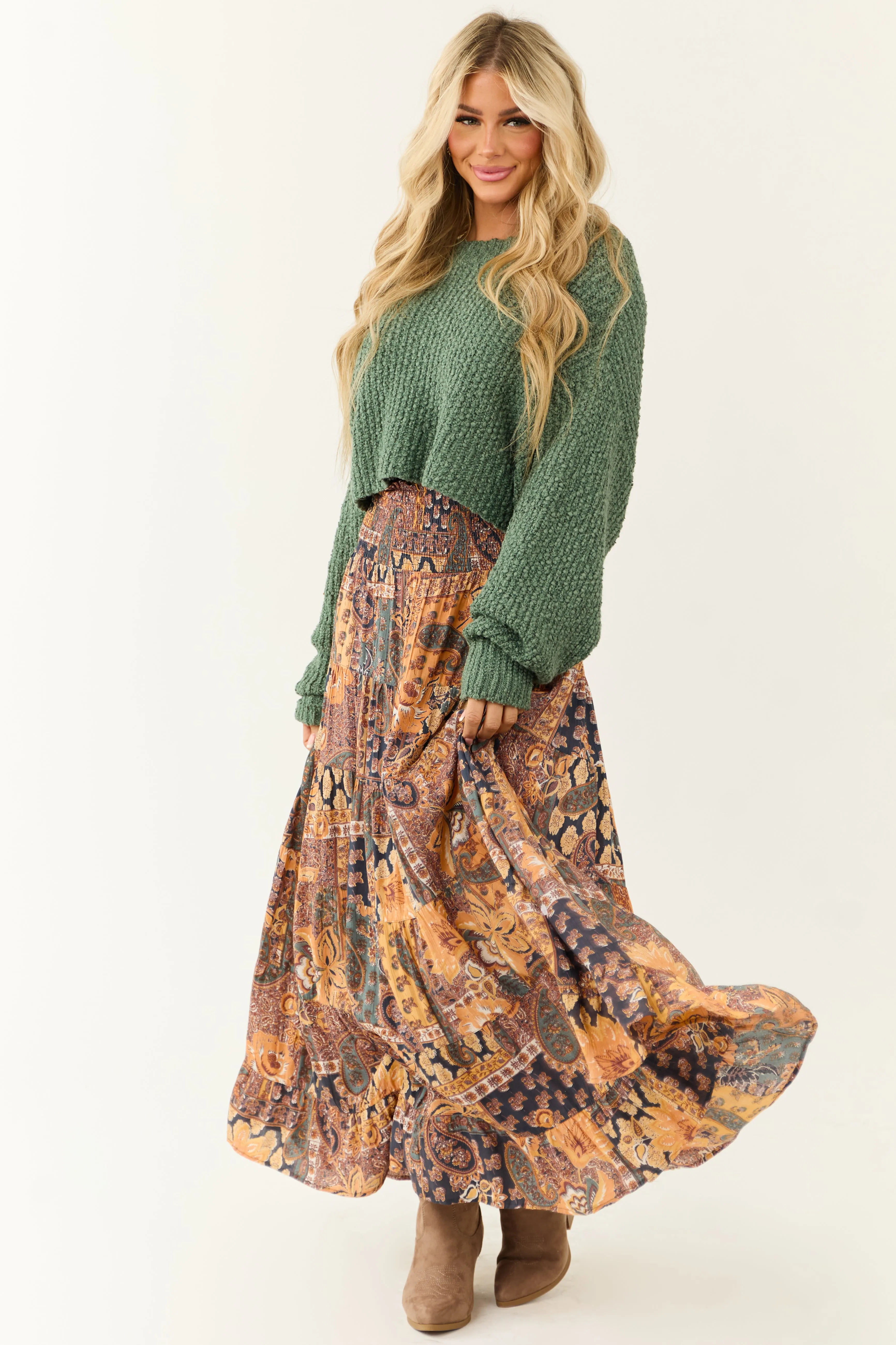 Mango Floral Print Smocked Waist Tiered Maxi Skirt