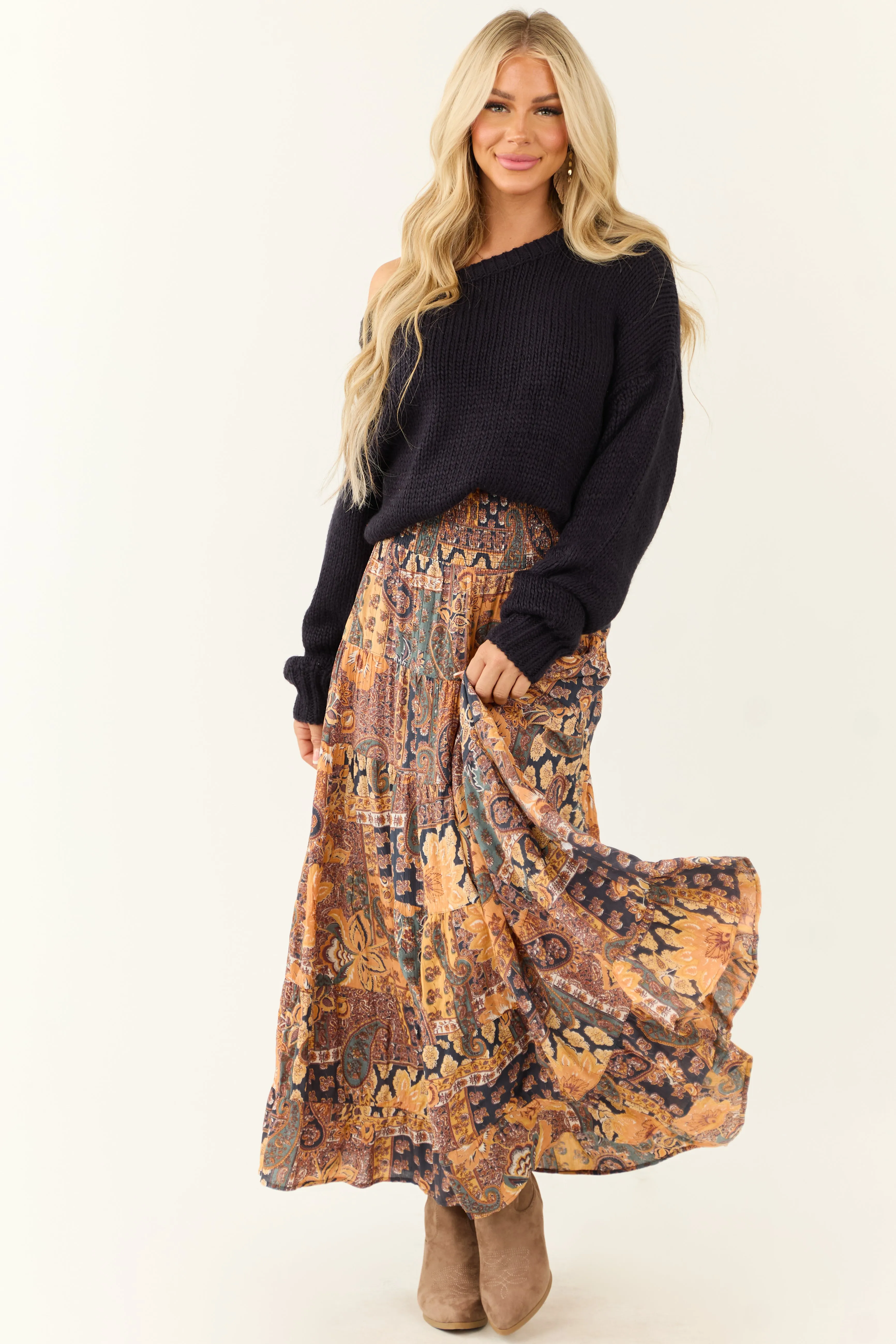 Mango Floral Print Smocked Waist Tiered Maxi Skirt