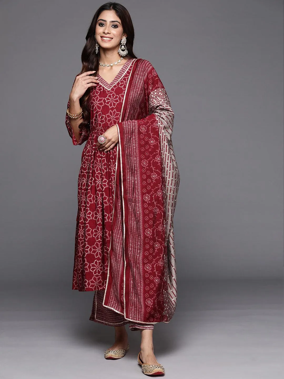 Maroon Printed Silk Blend A-Line Kurta With Trousers & Dupatta