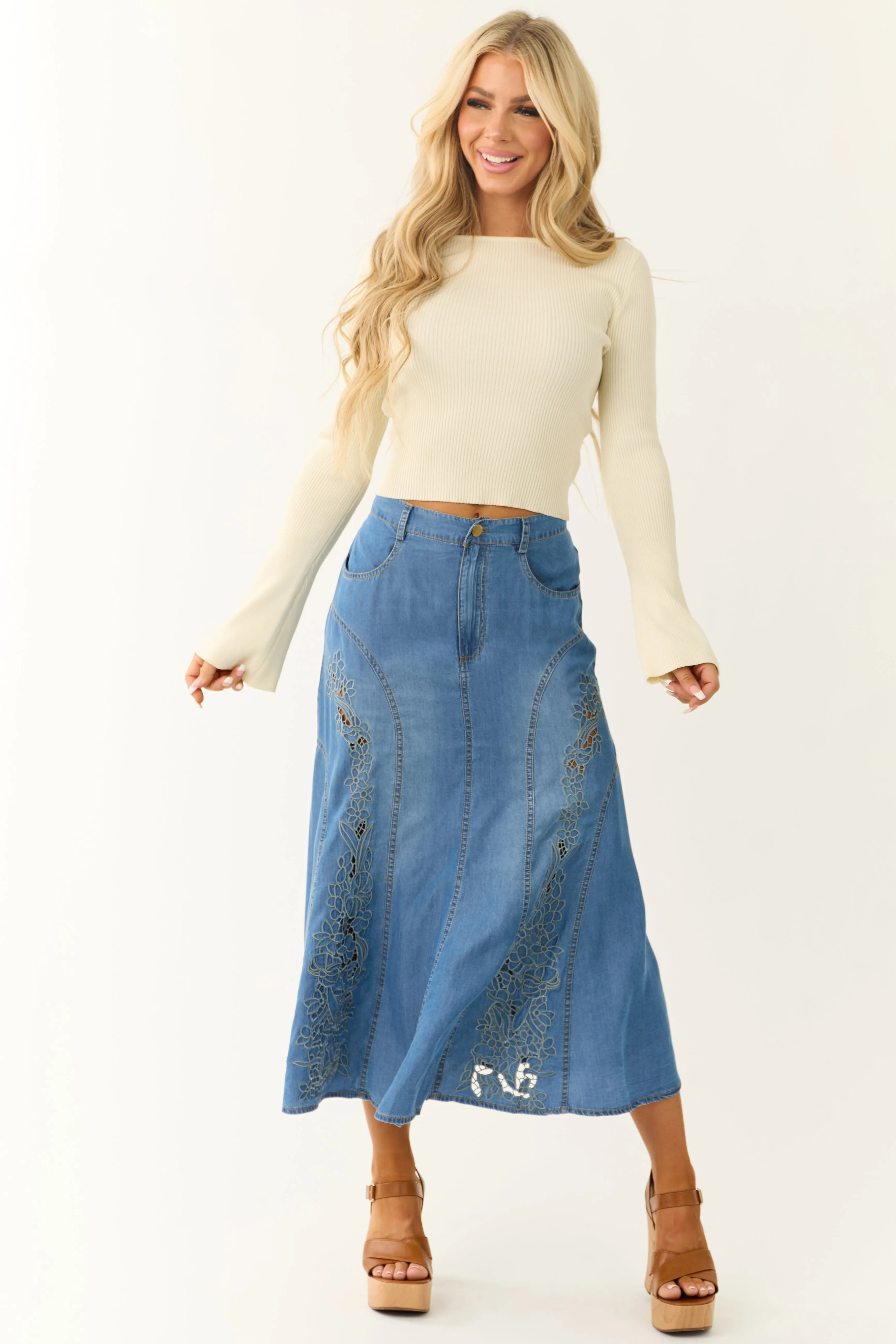 Medium Wash Denim Floral Embroidered Maxi Skirt