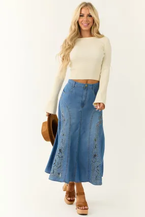 Medium Wash Denim Floral Embroidered Maxi Skirt