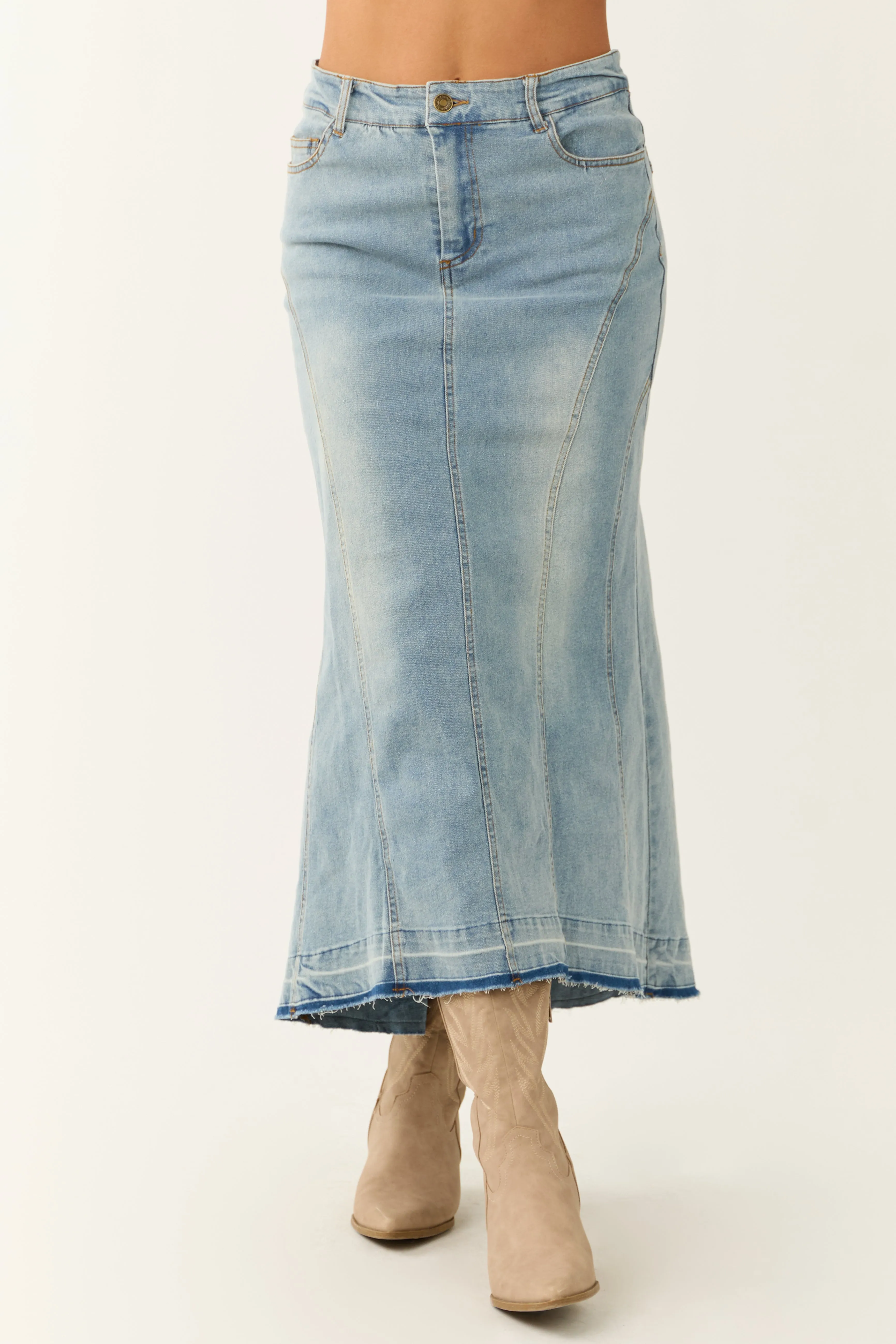 Medium Wash Denim High Low Maxi Skirt