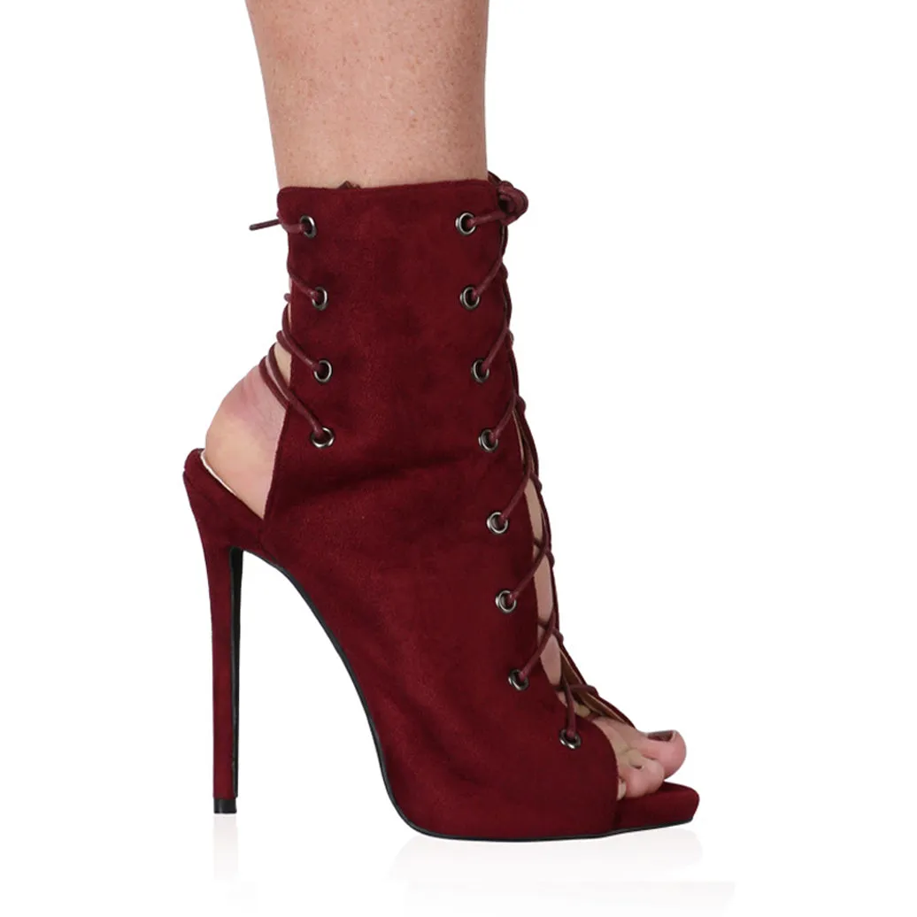 Melina Stiletto Ankle Boots in Bordeaux Faux Suede