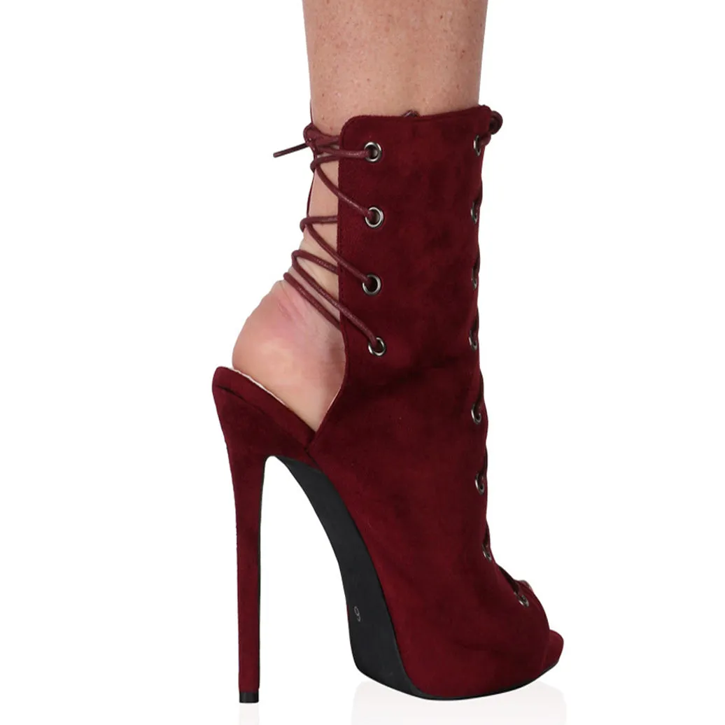 Melina Stiletto Ankle Boots in Bordeaux Faux Suede