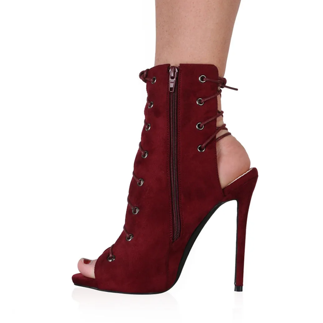 Melina Stiletto Ankle Boots in Bordeaux Faux Suede