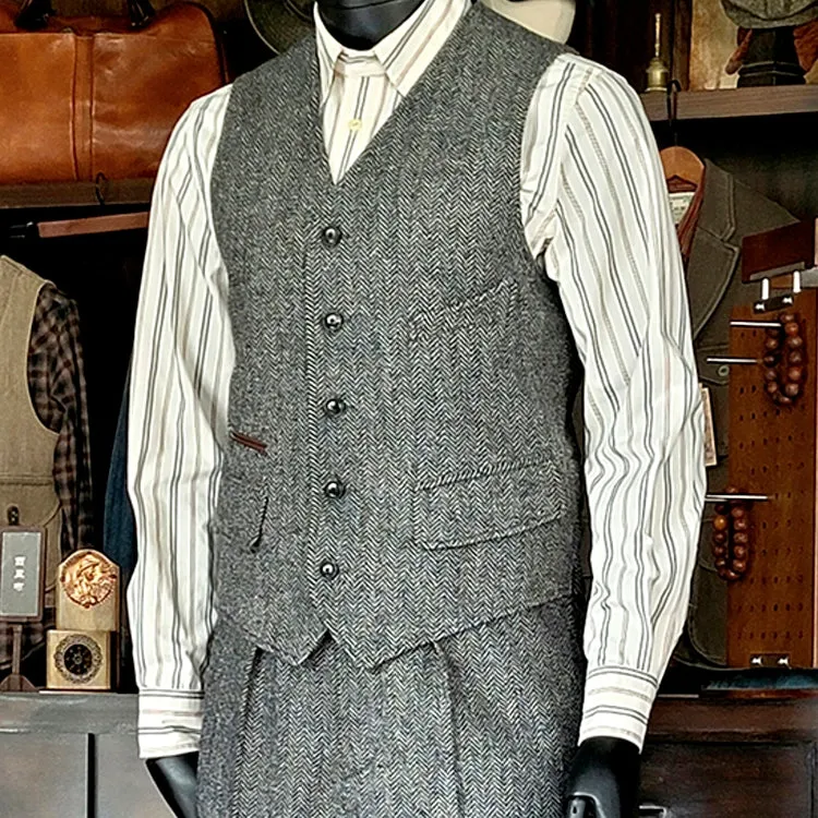 Men's Herringbone Tweed V-neck Vest