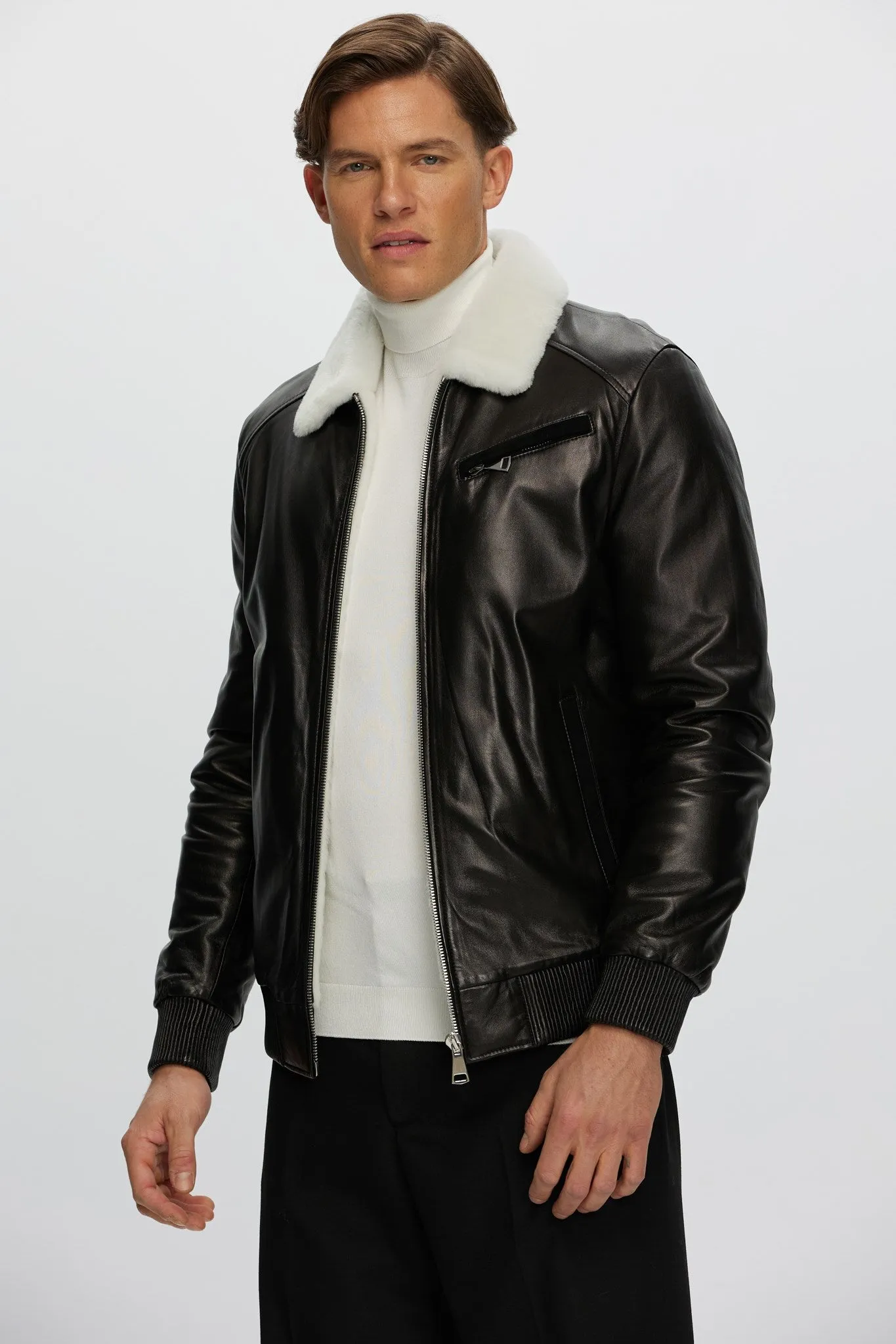 Men's Leather Jacket with Shearling Lamb