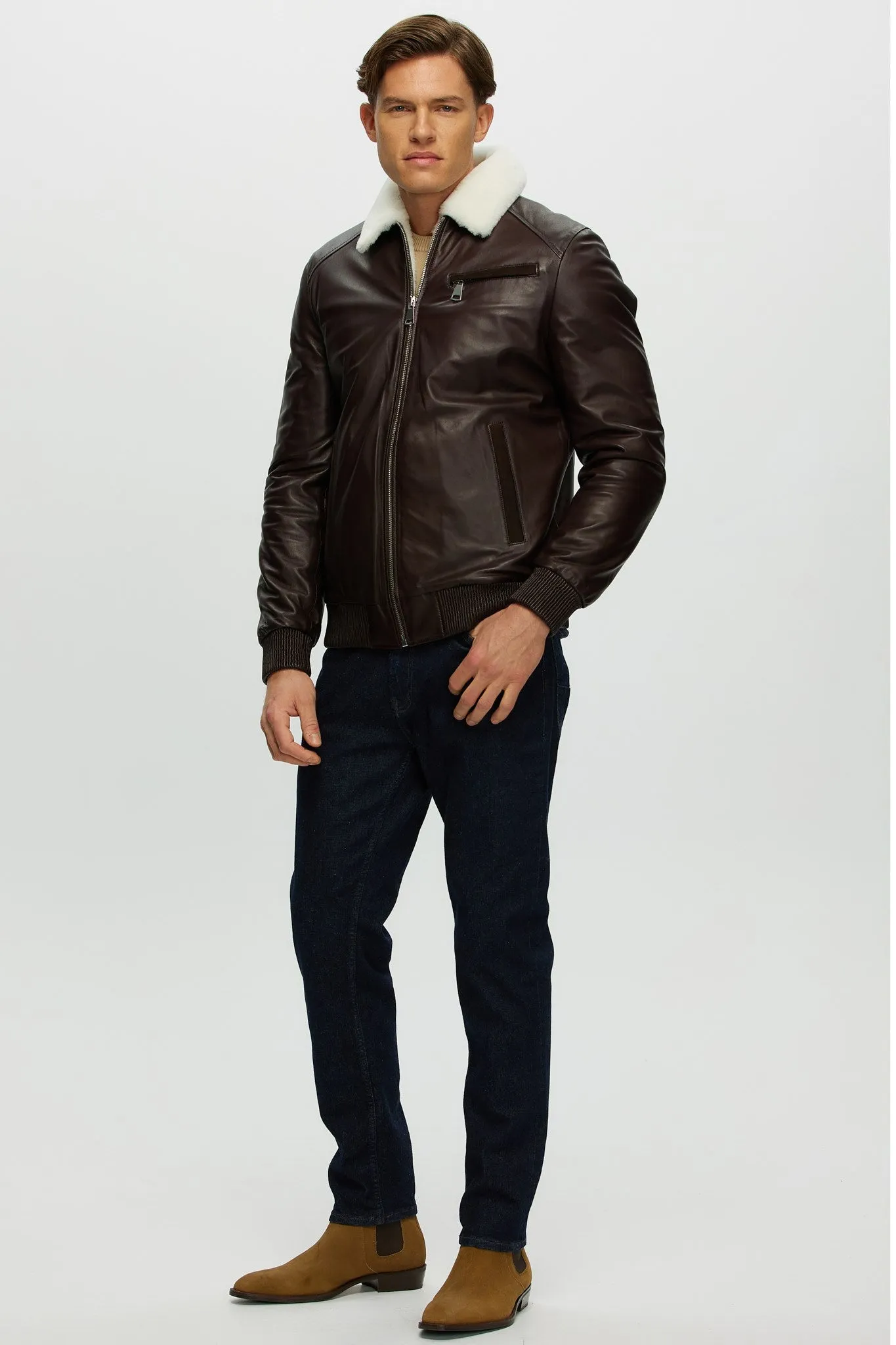 Men's Leather Jacket with Shearling Lamb