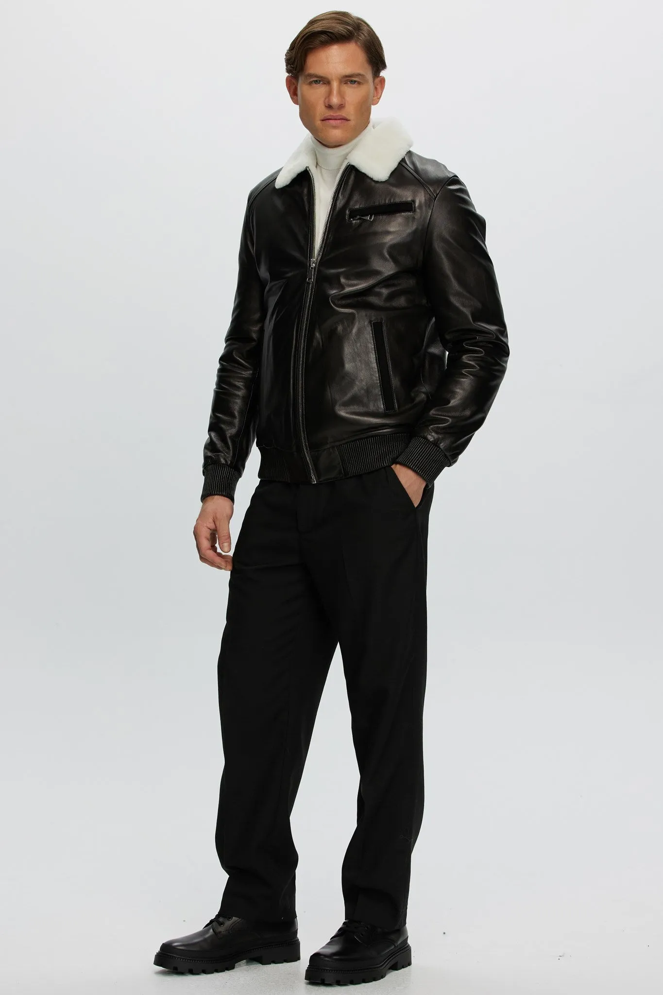 Men's Leather Jacket with Shearling Lamb