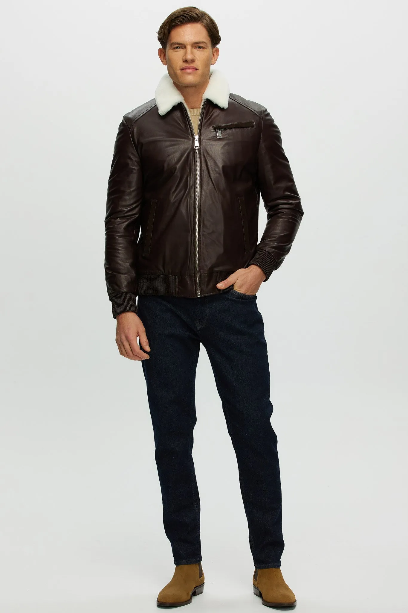 Men's Leather Jacket with Shearling Lamb