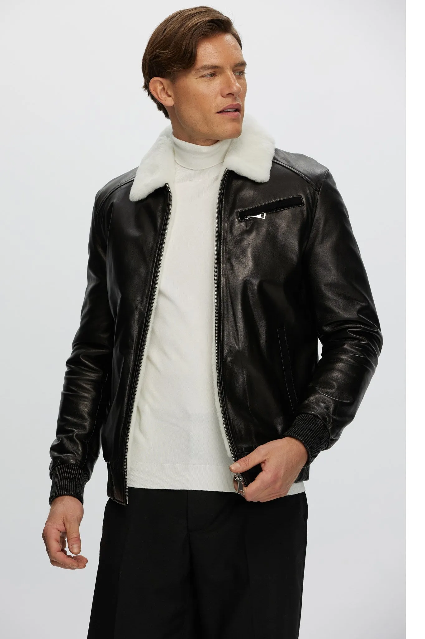 Men's Leather Jacket with Shearling Lamb