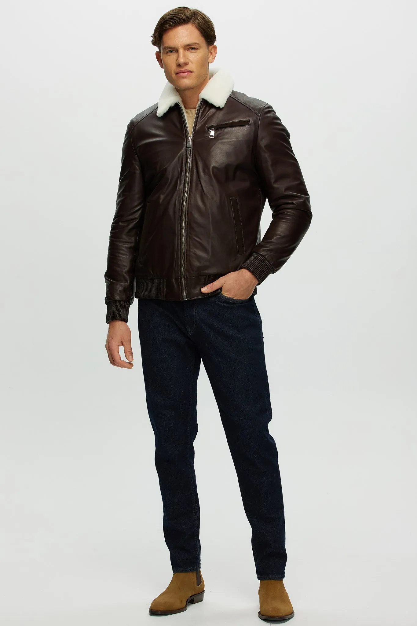 Men's Leather Jacket with Shearling Lamb