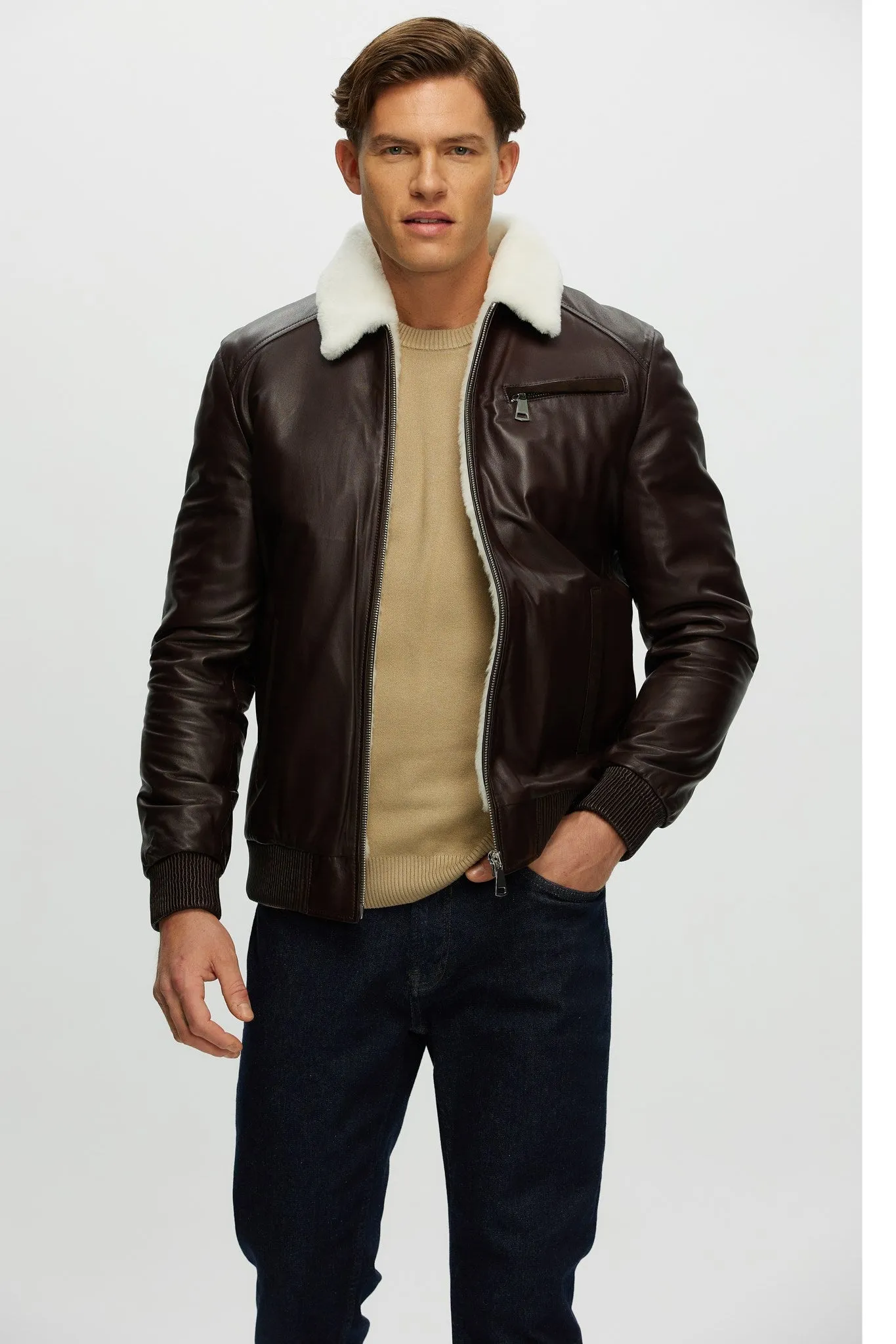 Men's Leather Jacket with Shearling Lamb