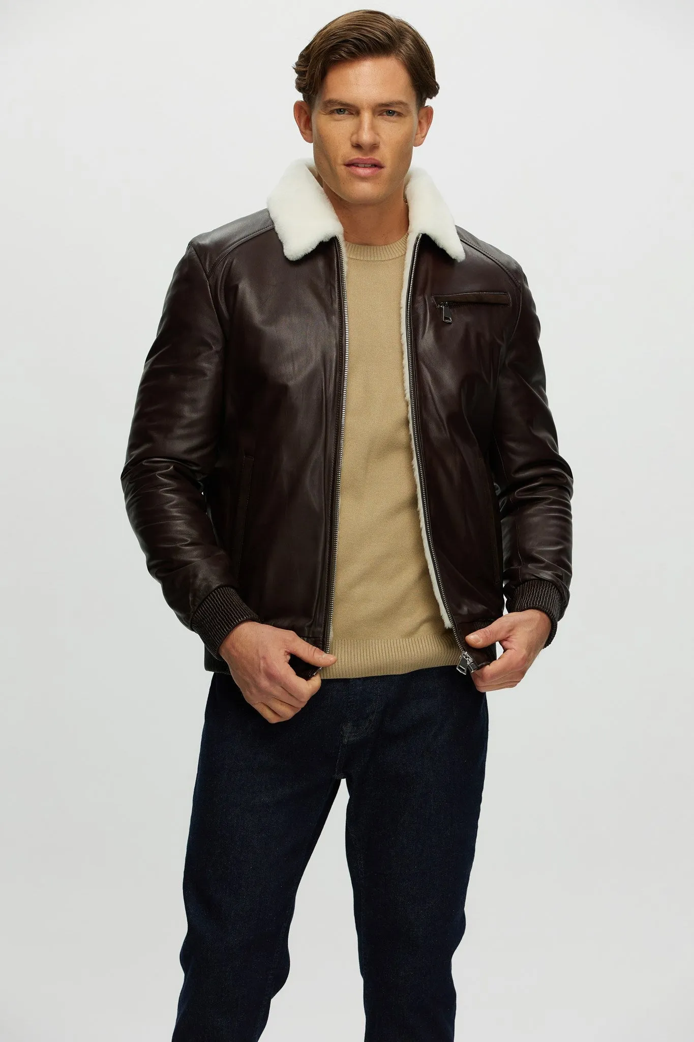 Men's Leather Jacket with Shearling Lamb