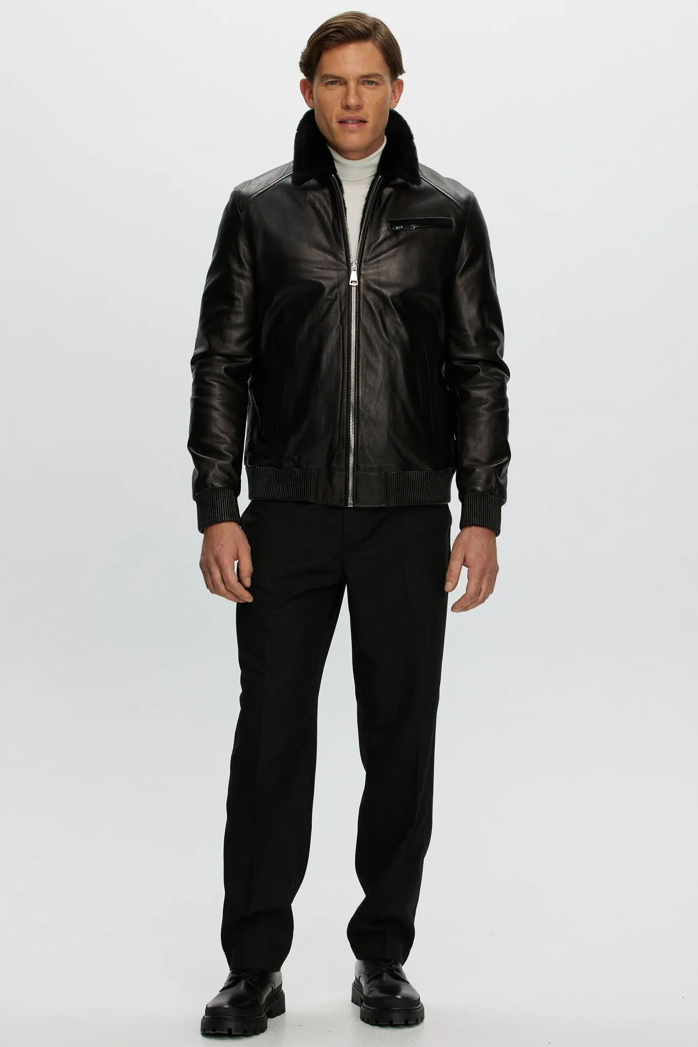 Men's Leather Jacket with Shearling Lamb