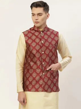 Men'S Maroon Printed Nehru Jacket