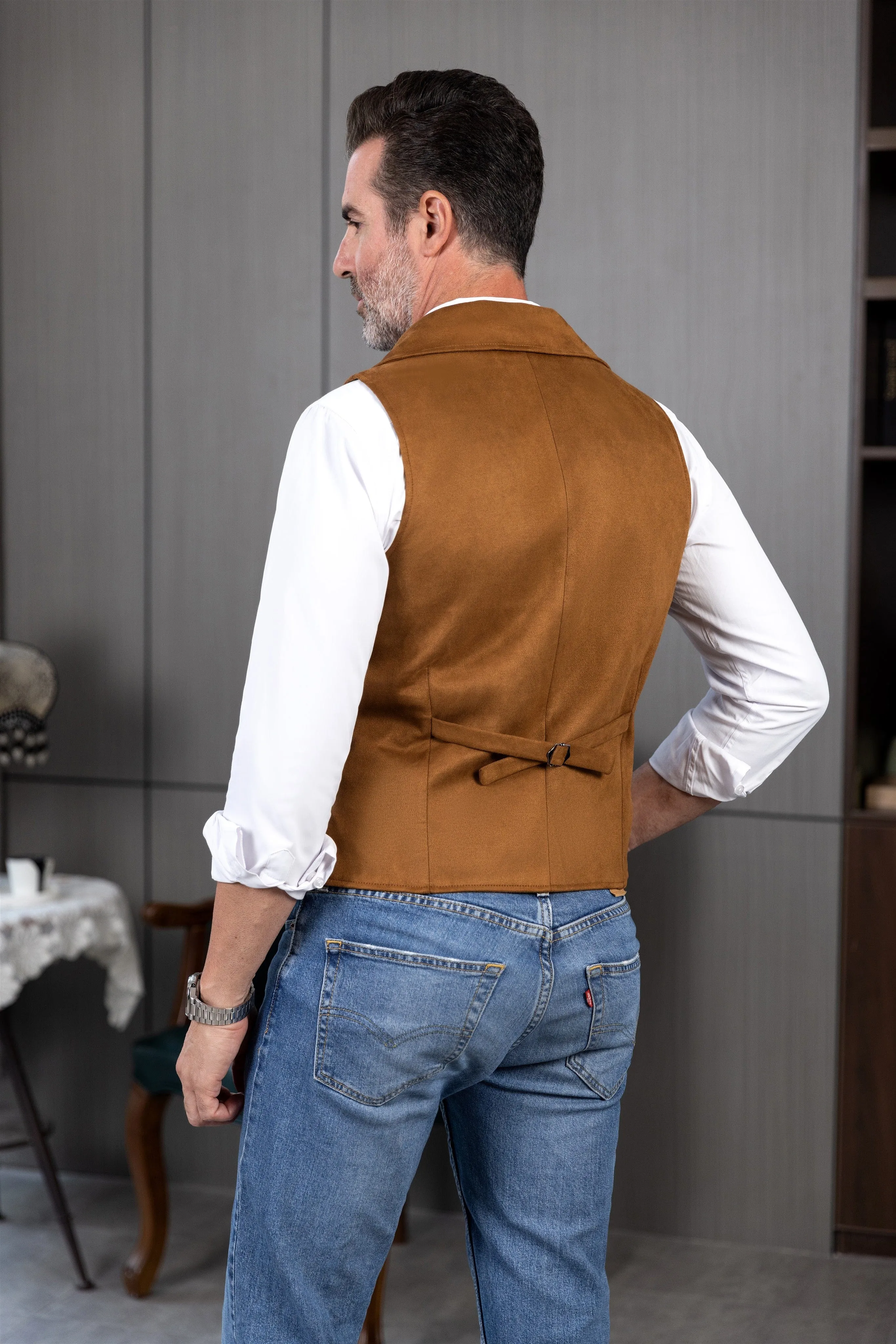 Men's Suede Cowboy Double Breasted Large Lapel Suede Classic Waistcoat