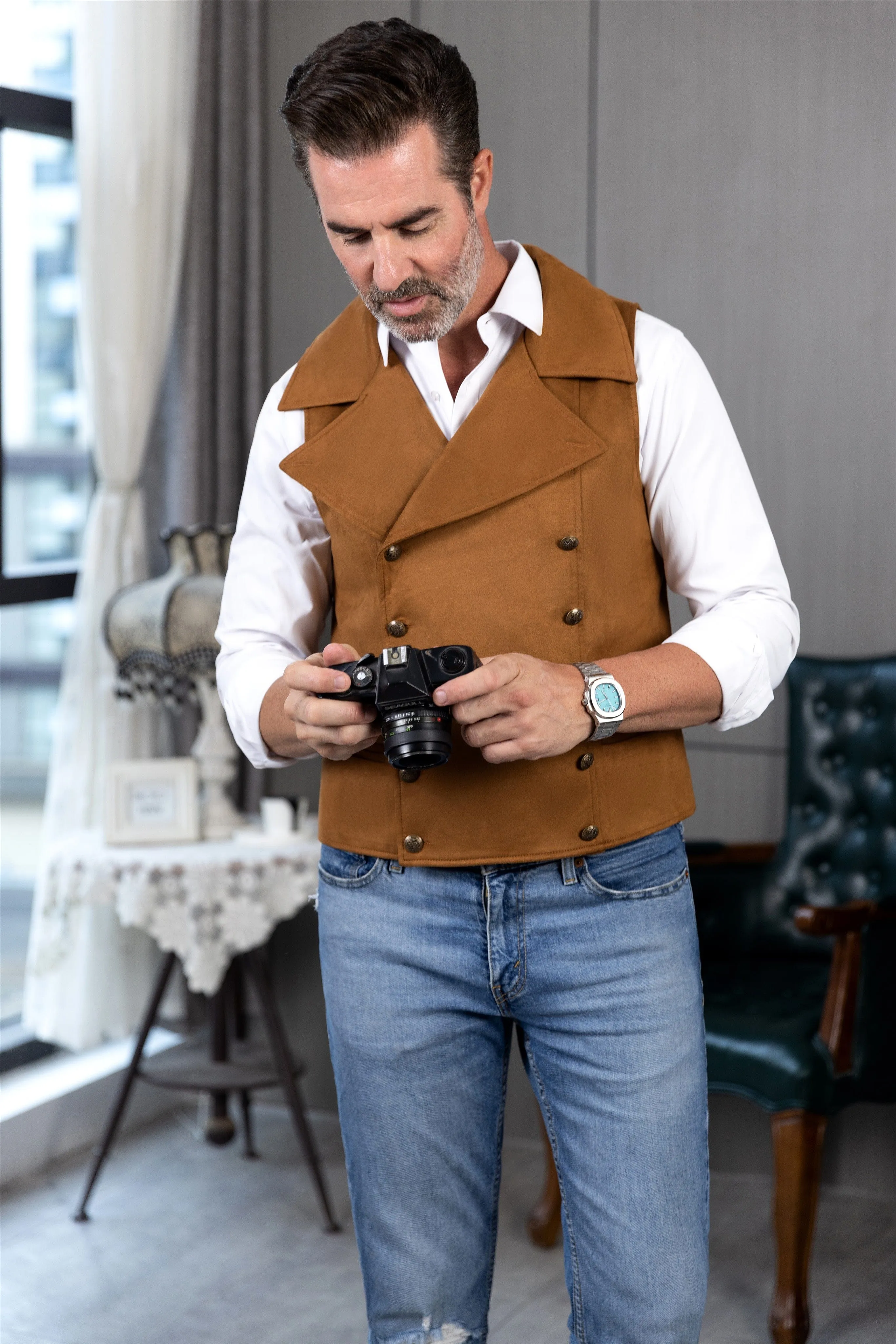 Men's Suede Cowboy Double Breasted Large Lapel Suede Classic Waistcoat