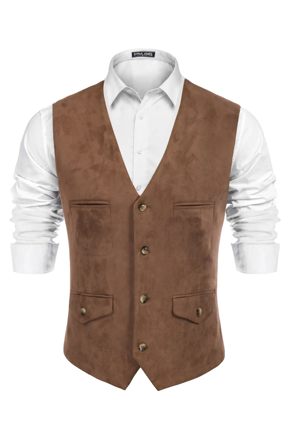 Men's Suede Leather Vest Casual V-Neck Single Breasted Slim Fit Western Cowboy Vest with Pockets