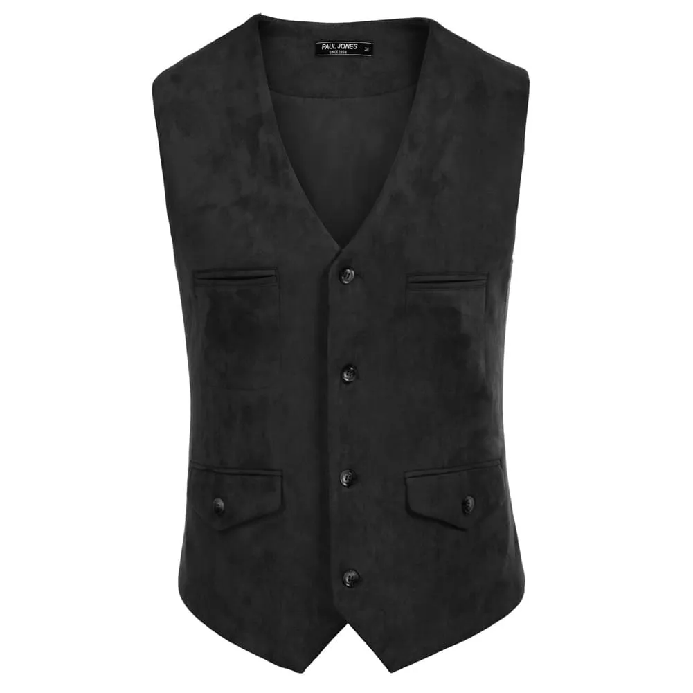 Men's Suede Leather Vest Casual V-Neck Single Breasted Slim Fit Western Cowboy Vest with Pockets