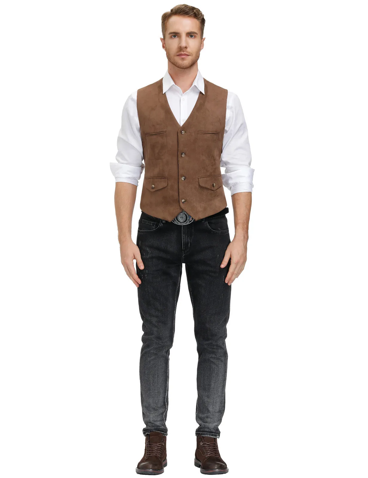 Men's Suede Leather Vest Casual V-Neck Single Breasted Slim Fit Western Cowboy Vest with Pockets