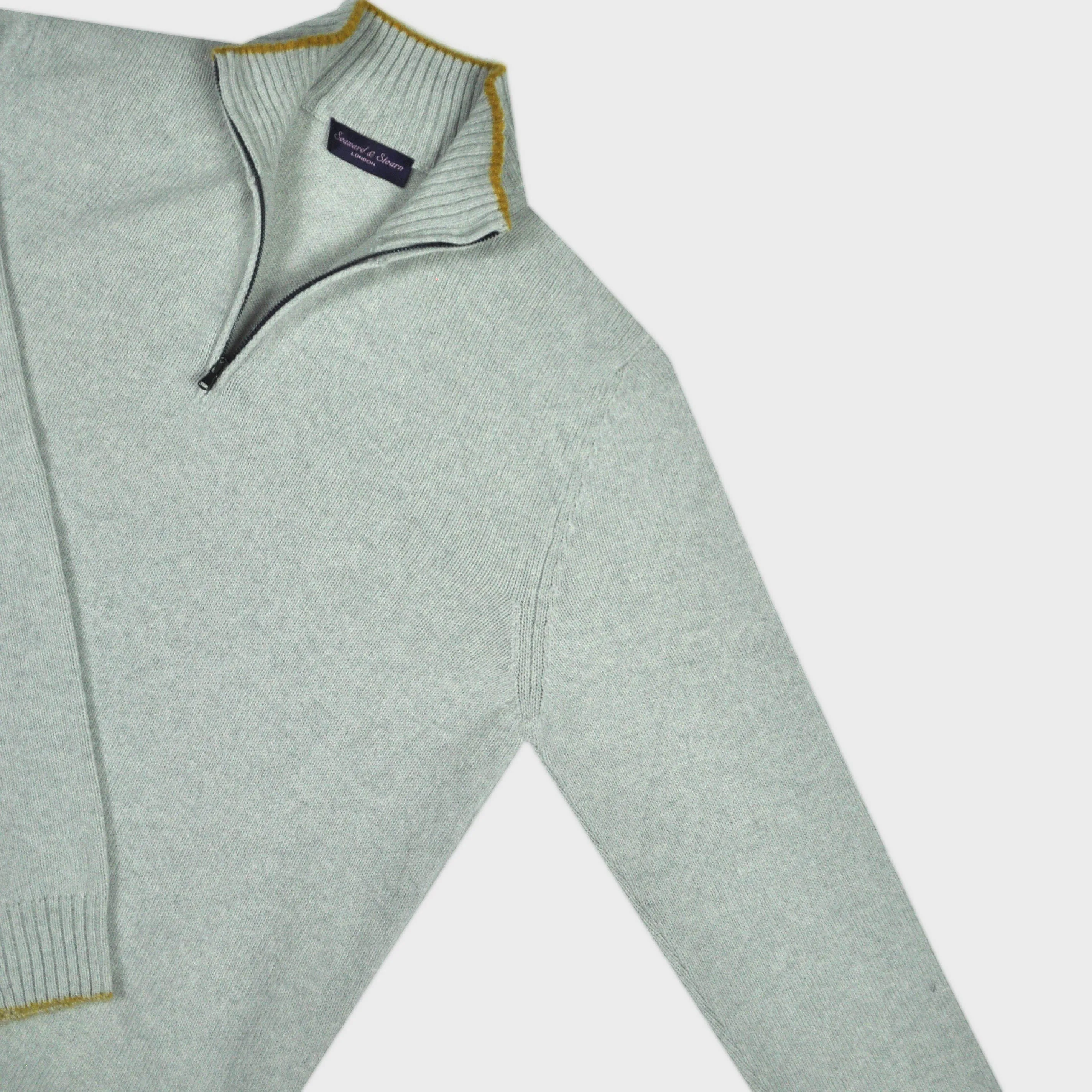 Merino Wool Quarter Zip Jumper in Light Grey & Ochre