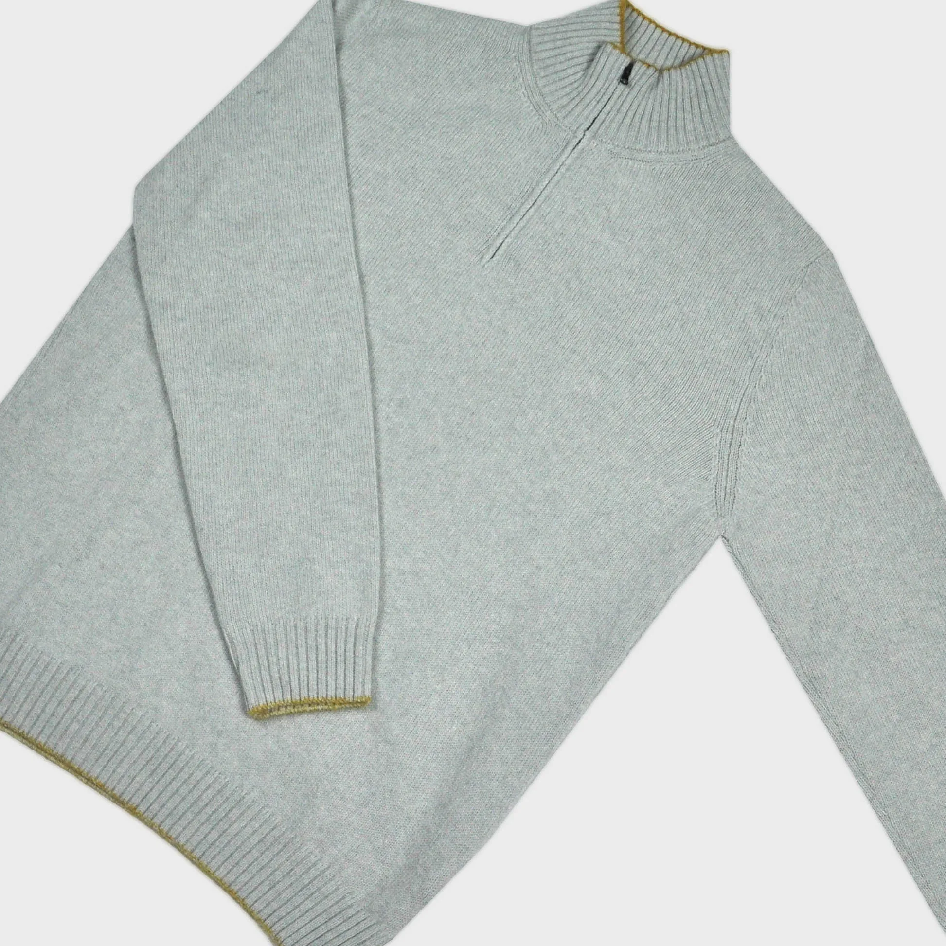 Merino Wool Quarter Zip Jumper in Light Grey & Ochre