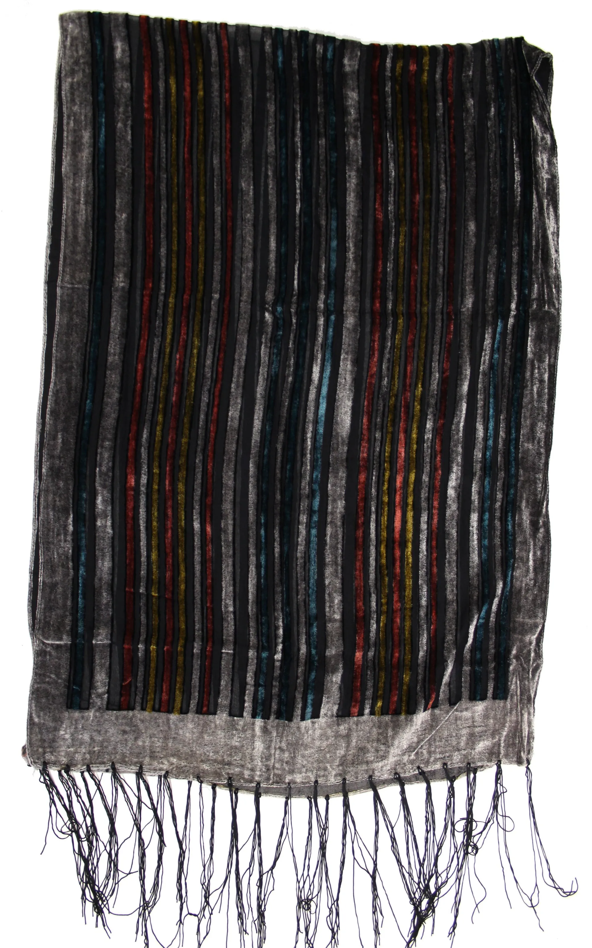 Multicoloured Stripe Patterned Devore Velvet Scarf with Light Grey Boarder (156 x 52cm)