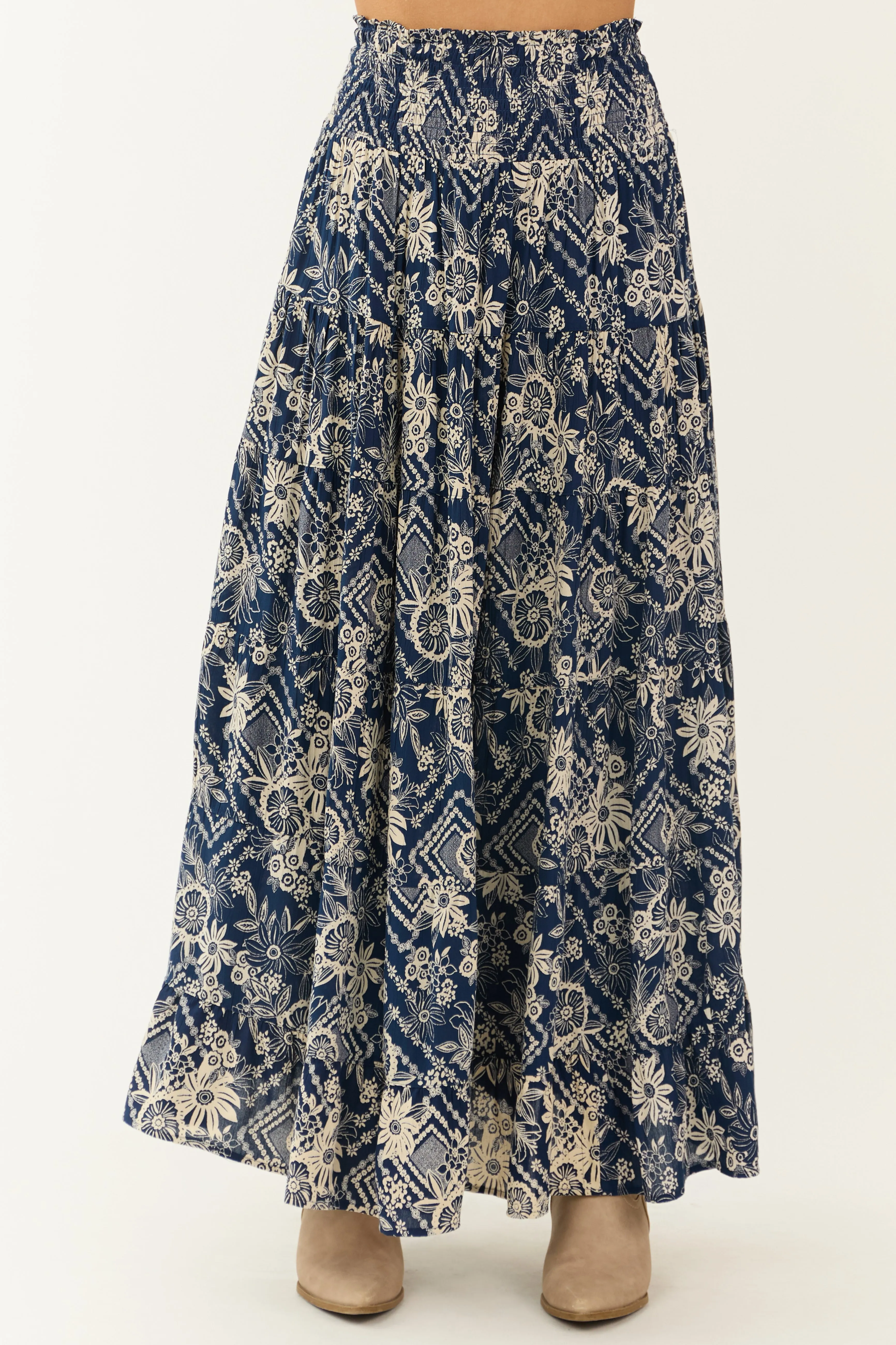 Navy Floral Print Elastic Waist Tiered Maxi Skirt