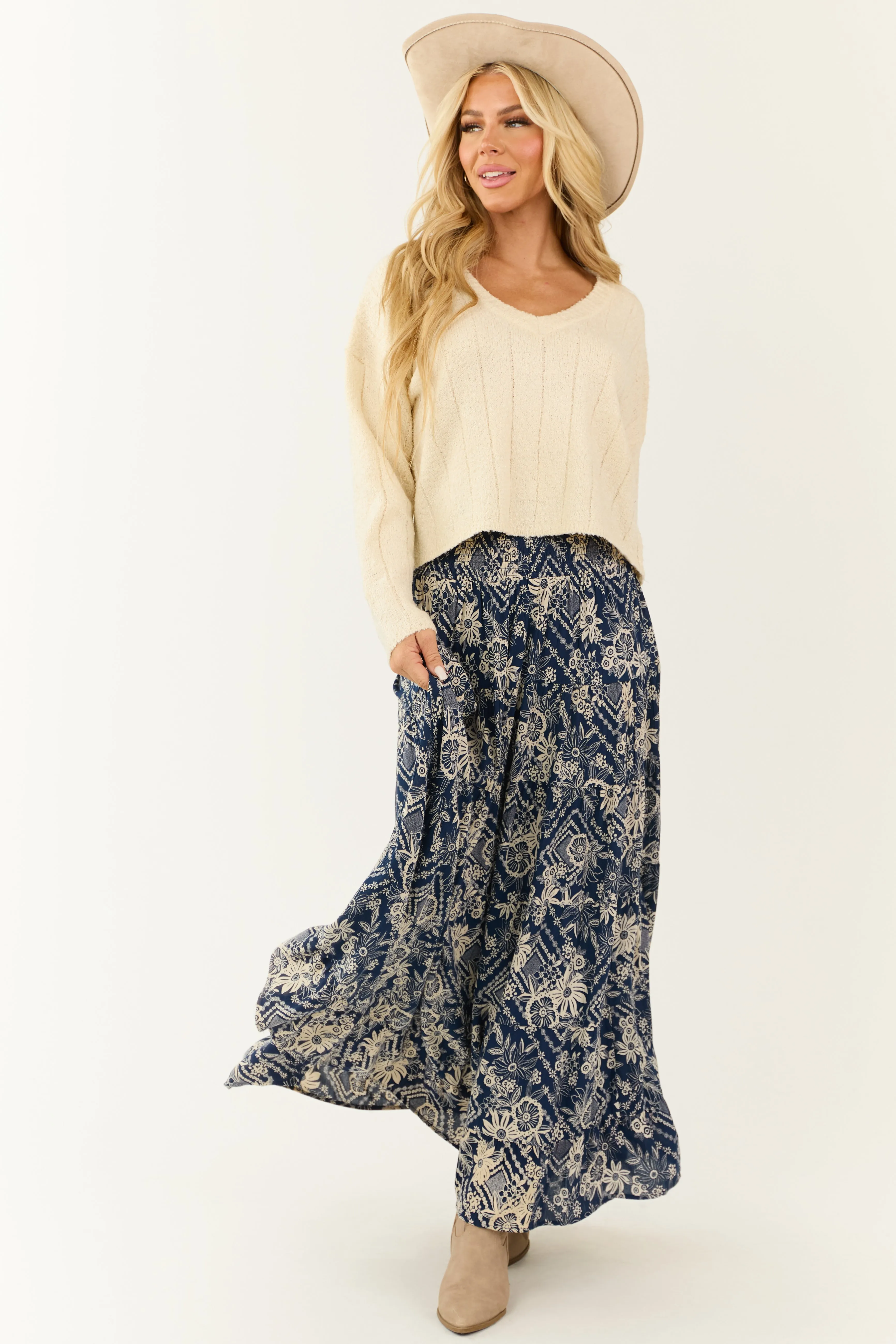 Navy Floral Print Elastic Waist Tiered Maxi Skirt