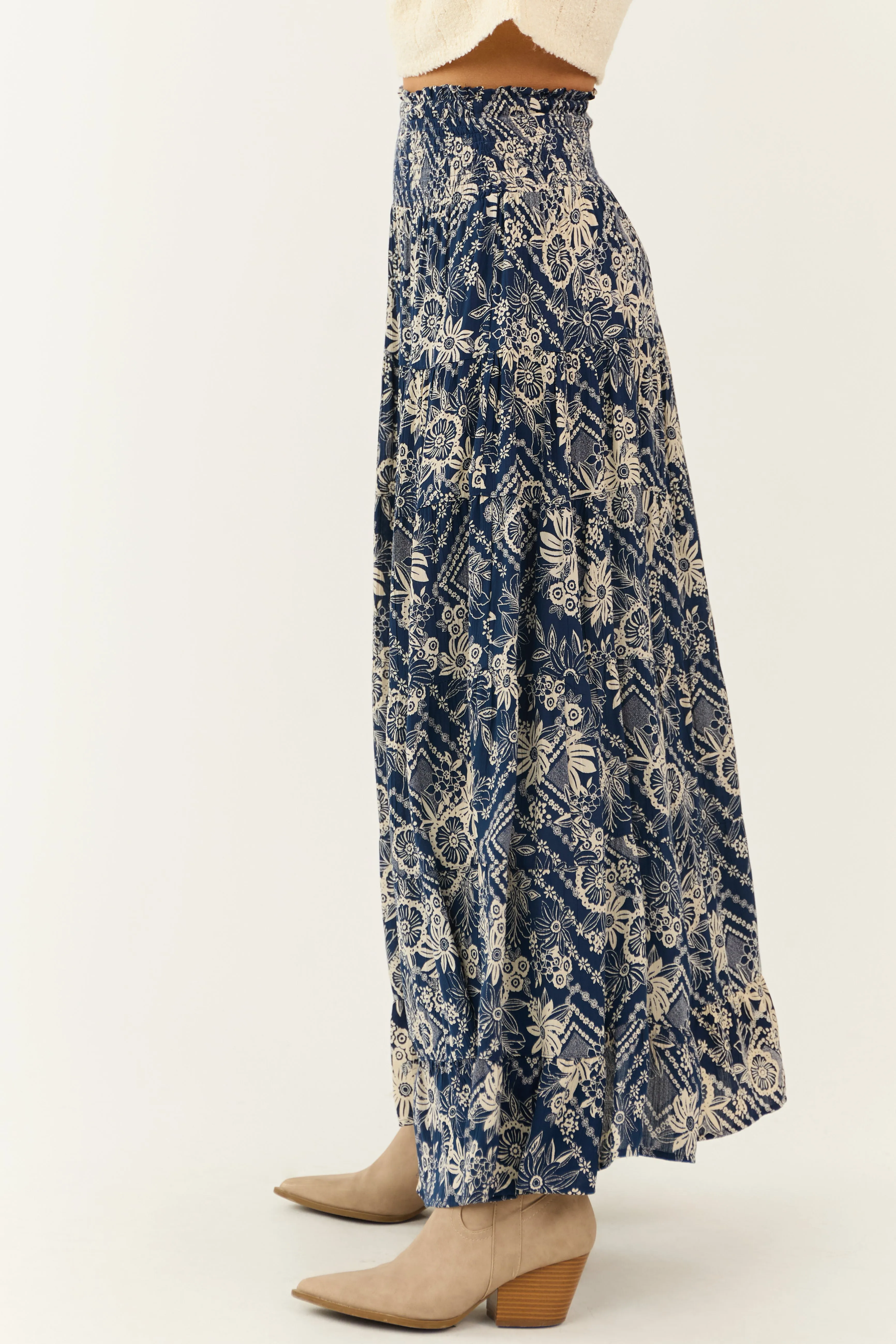 Navy Floral Print Elastic Waist Tiered Maxi Skirt