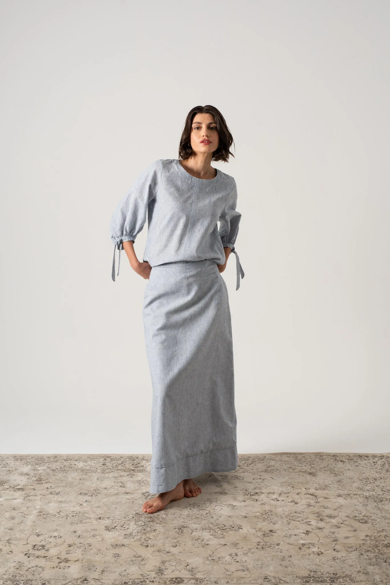 Olen Linen Maxi Skirt French Blue Stripe