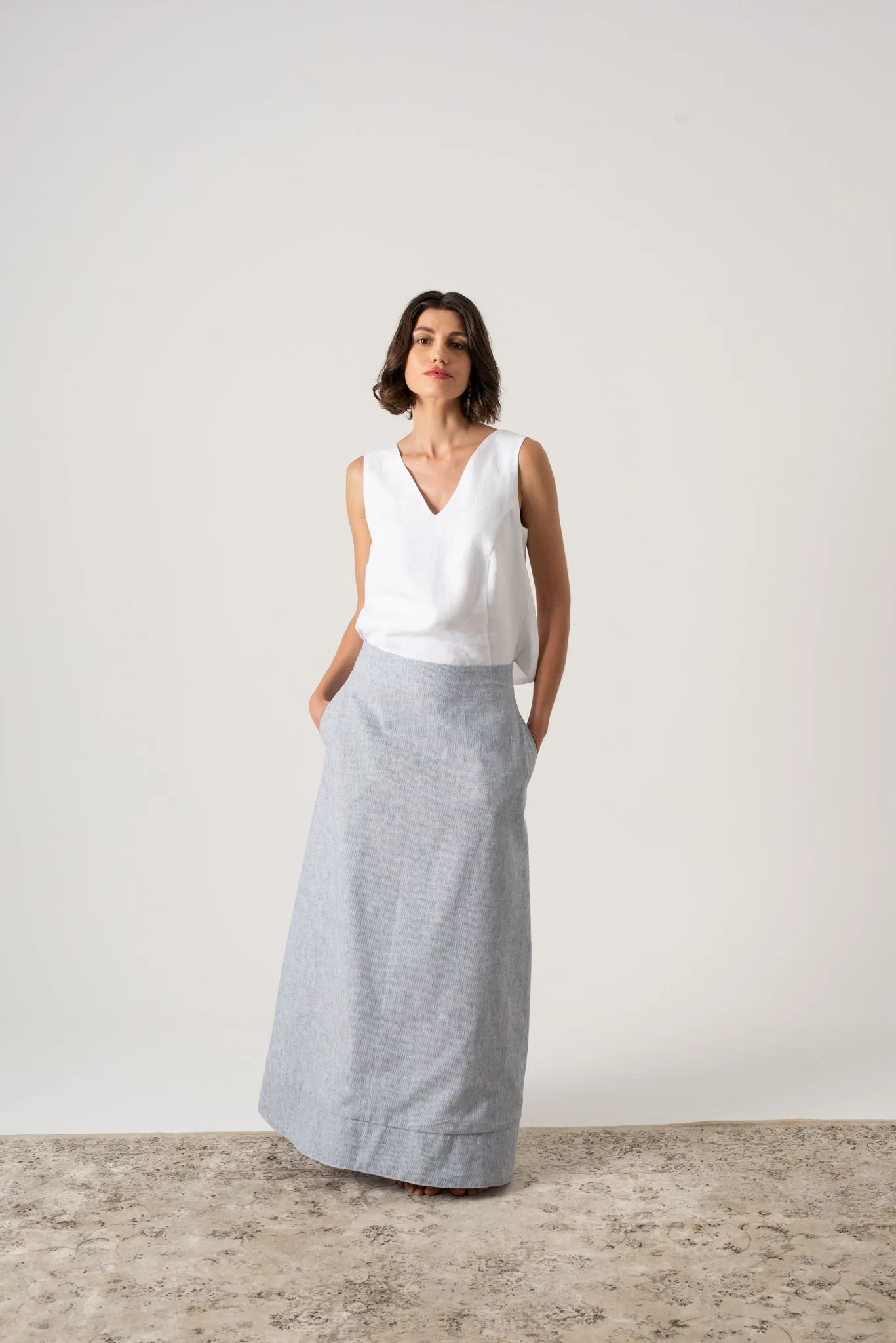 Olen Linen Maxi Skirt French Blue Stripe