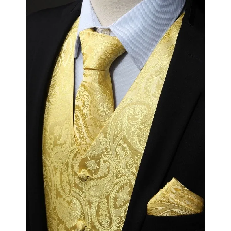 Paisley Suit Vest Tie Handkerchief Set - YELLOW