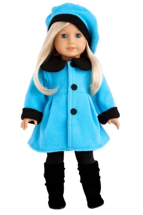 Parisian Stroll - Clothes for 18 inch Doll - Blue Fleece Coat with matching Beret, Black Leggings and Boots