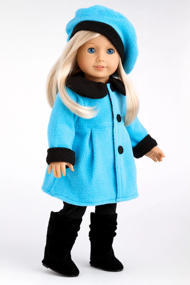 Parisian Stroll - Clothes for 18 inch Doll - Blue Fleece Coat with matching Beret, Black Leggings and Boots