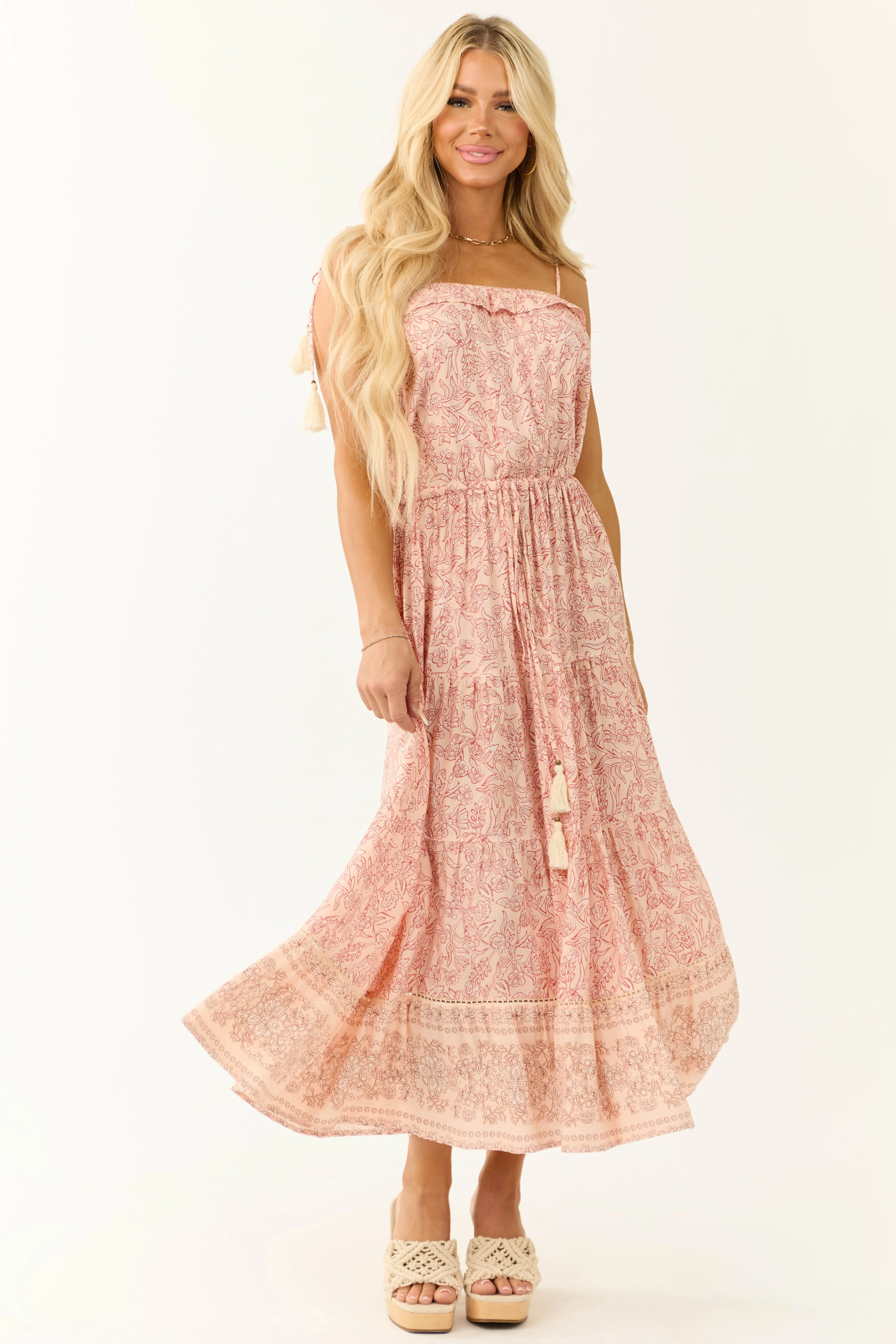 Peach Floral Print Sleeveless Maxi Dress