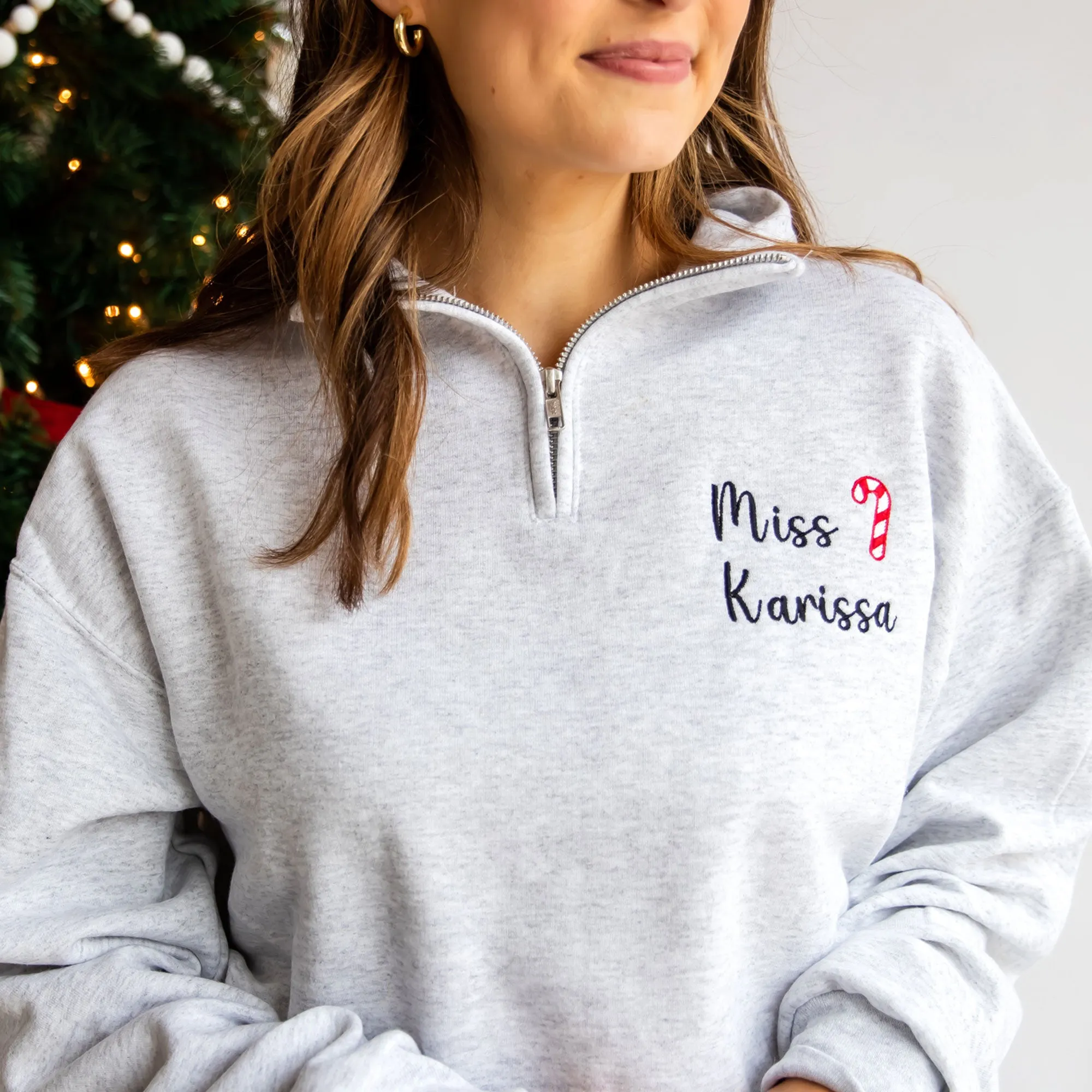 Personalized Mini Candy Cane Teacher Quarter Zip Sweatshirt