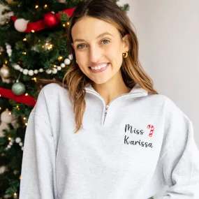 Personalized Mini Candy Cane Teacher Quarter Zip Sweatshirt