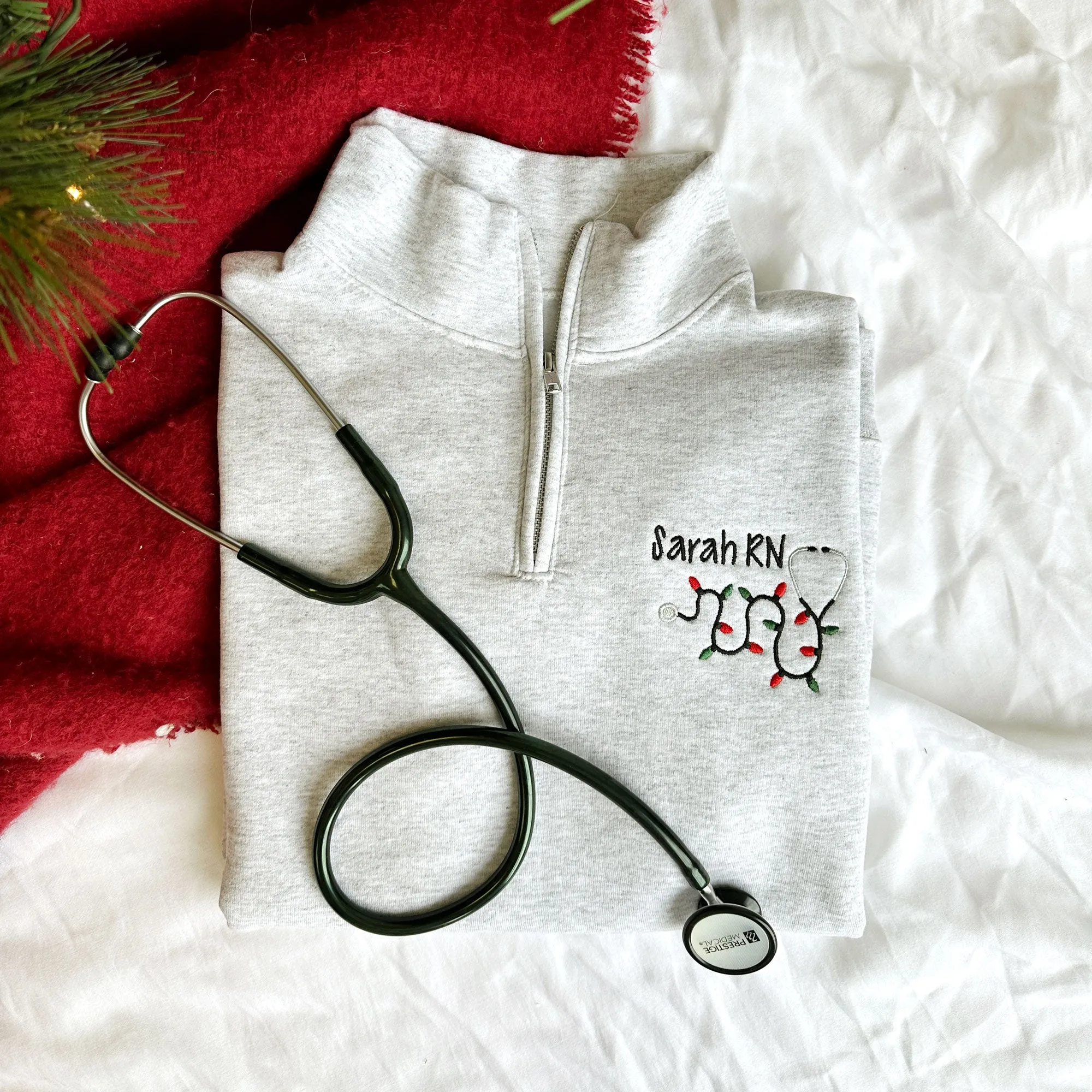 Personalized Nurse Christmas Lights Stethoscope Q-Zip Embroidered Sweatshirt