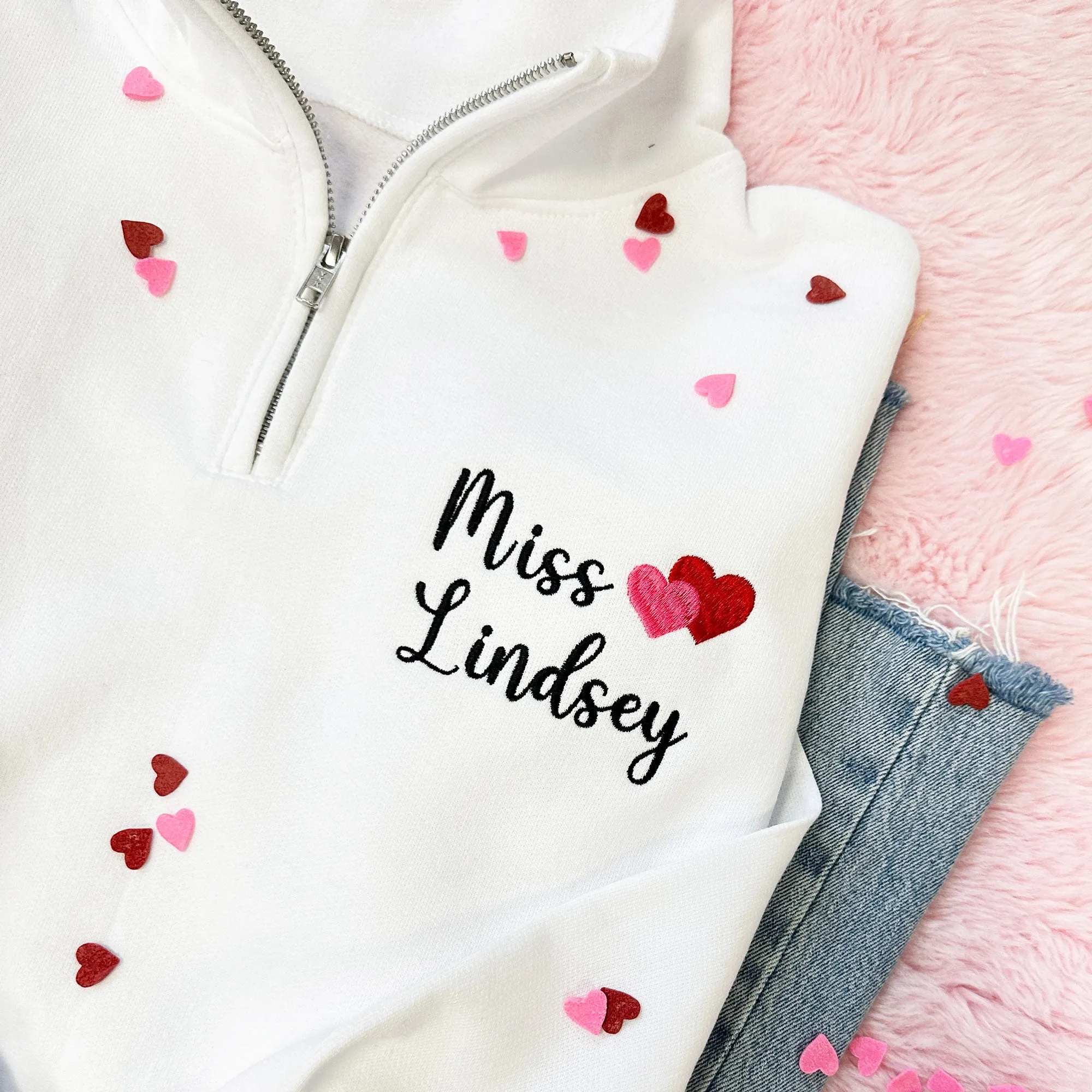 Personalized Teacher Quarter Zip with Mini Heart Embroidery