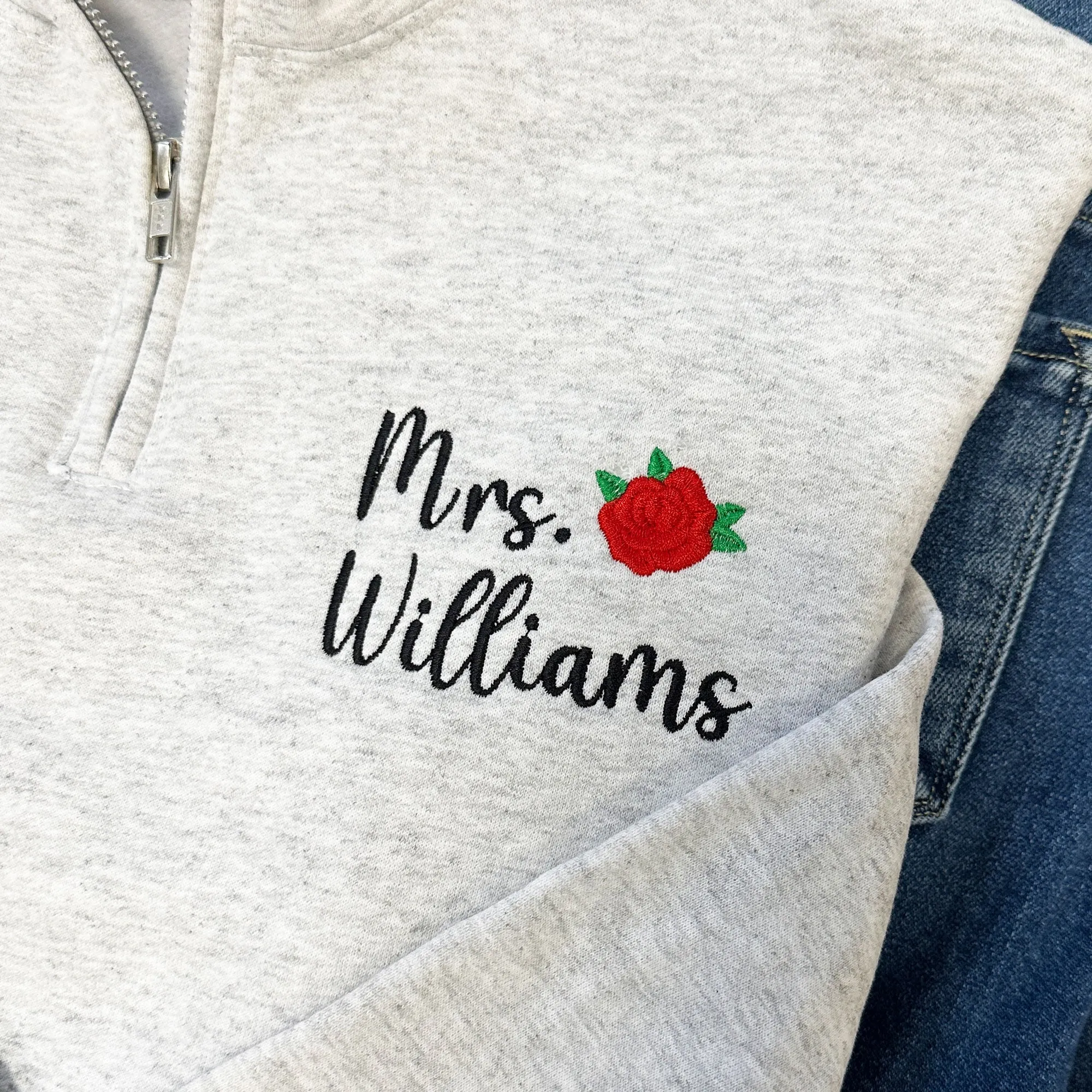 Personalized Teacher Quarter Zip with Mini Rose Embroidery