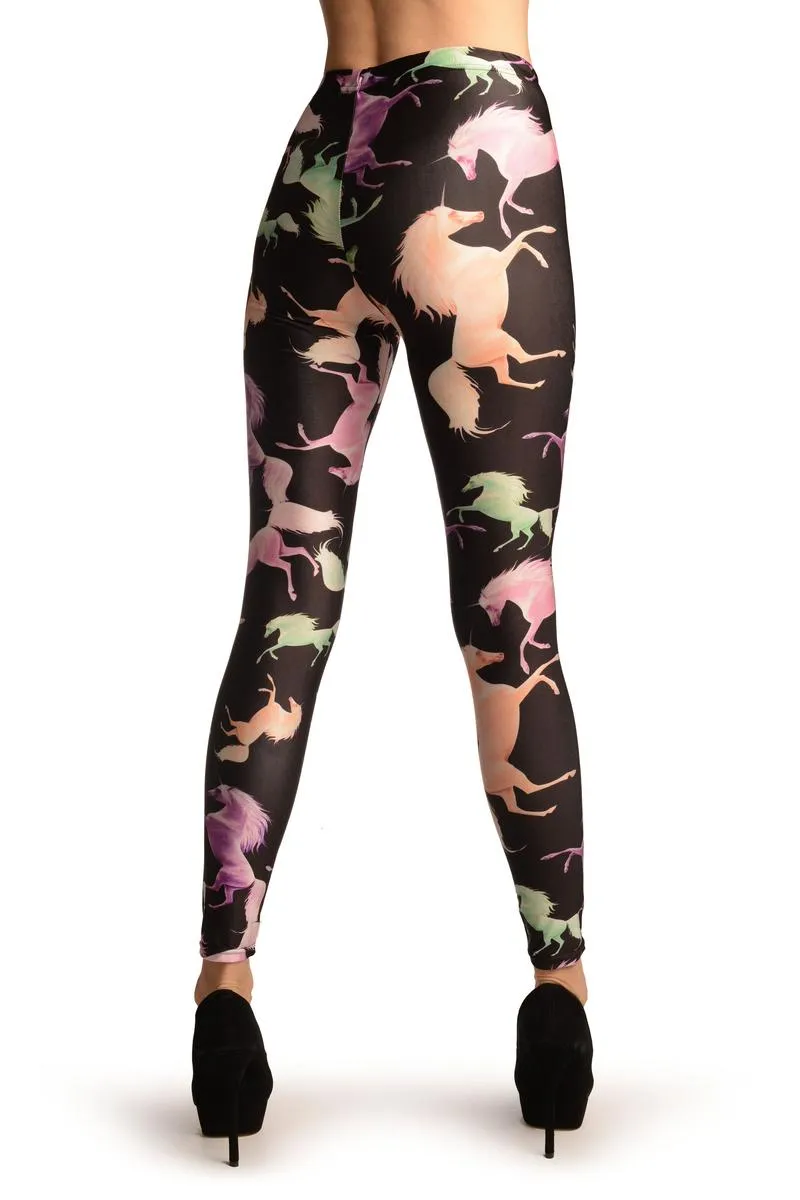 Pink & Green Unicorns on Black Leggings