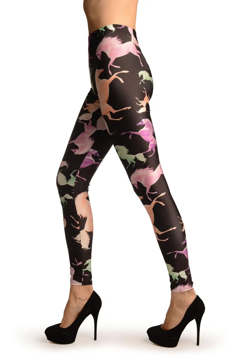 Pink & Green Unicorns on Black Leggings