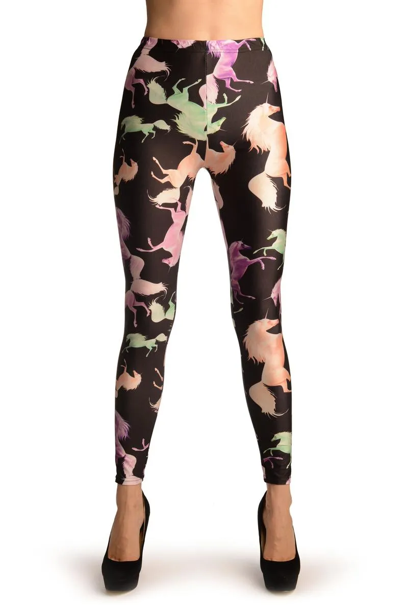 Pink & Green Unicorns on Black Leggings