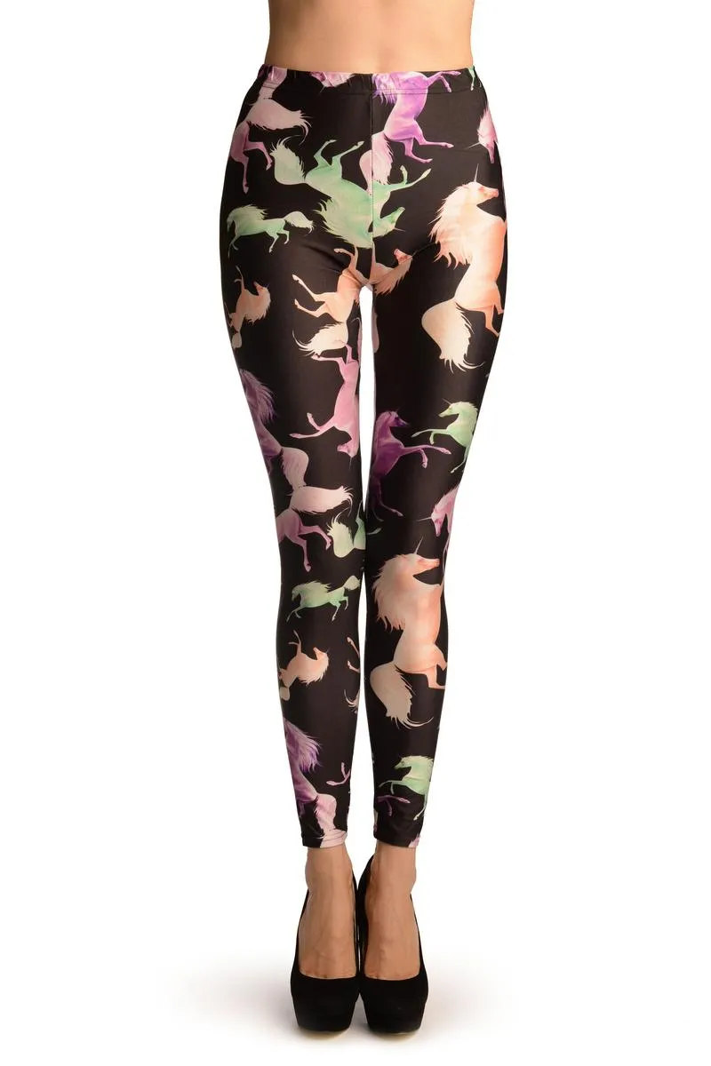 Pink & Green Unicorns on Black Leggings