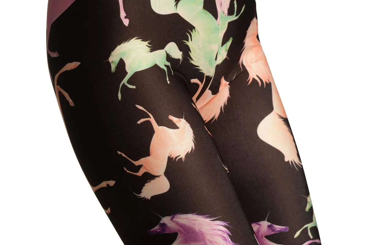 Pink & Green Unicorns on Black Leggings