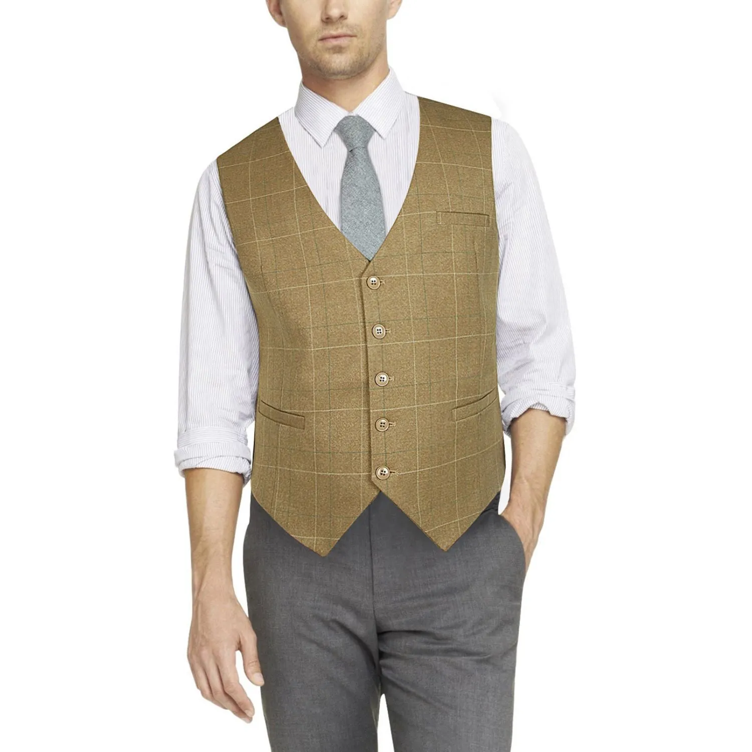 Plaid Slim Suit Vest - A-KHAKI