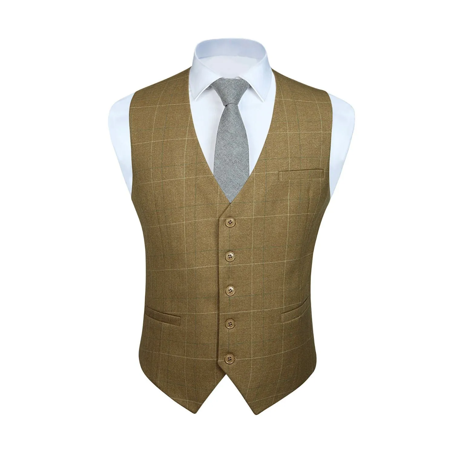 Plaid Slim Suit Vest - A-KHAKI